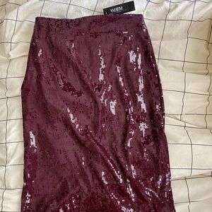 Burgundy Sequin Midi Pencil Skirt